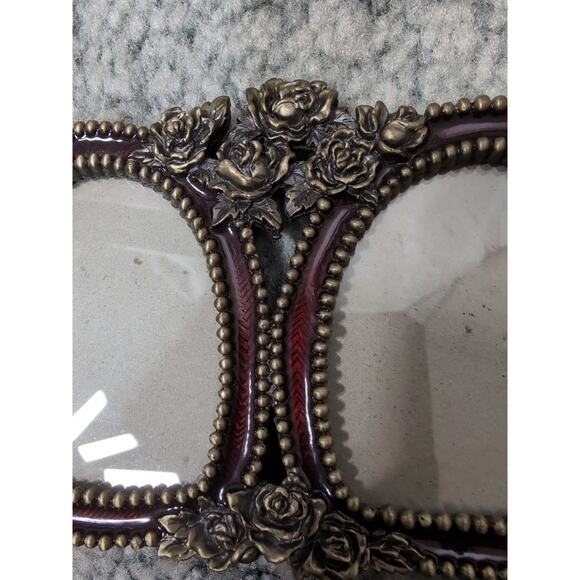 Vintage Double Hearted Romantic Tabletop Photo Frame Cast Metal Roses 1990's - Picture 3 of 7